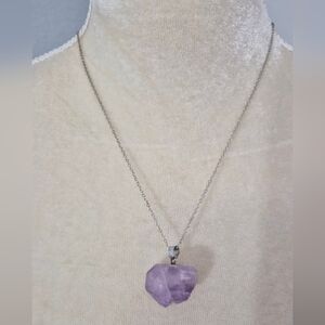 Raw Amethyst Crystal Pendant Necklace 925 Sterling Silver 22” Chain